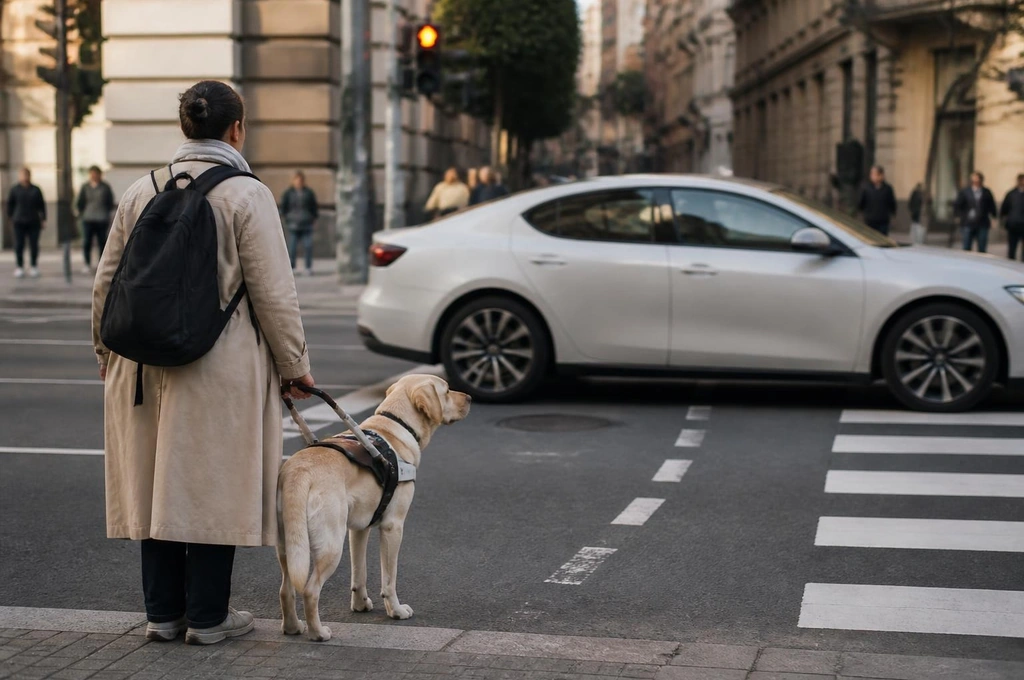 electric vehicles putting guide dog owners at risk - guide dog waiting at a pedestrian crosswalk near a quiet electric car