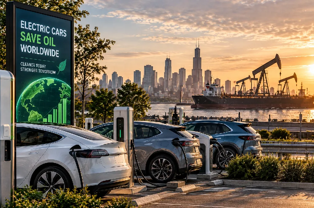 electric cars oil savings - Electric fleet vehicles plugged into urban power stations