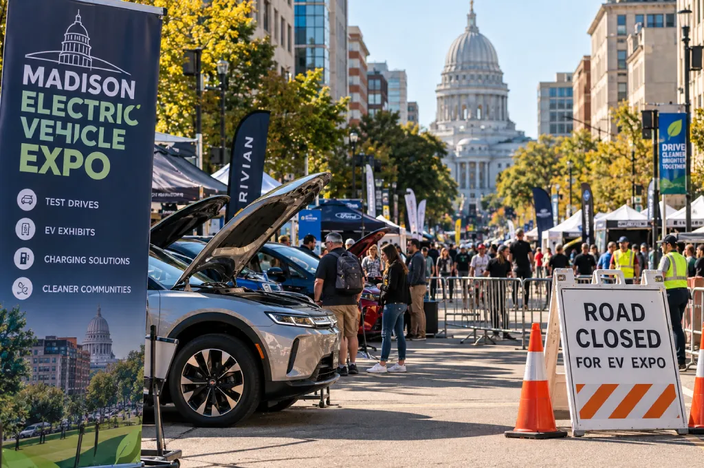 Madison Electric Vehicle Expo - Urban street display of electric cars during downtown closure