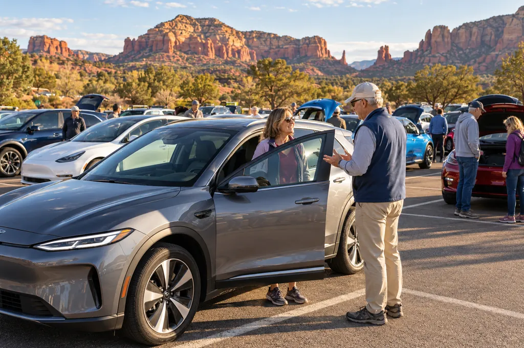 electric cars - Sedona EV Ride & Drive - Electric vehicles parked on display in an outdoor scenic mountain setting