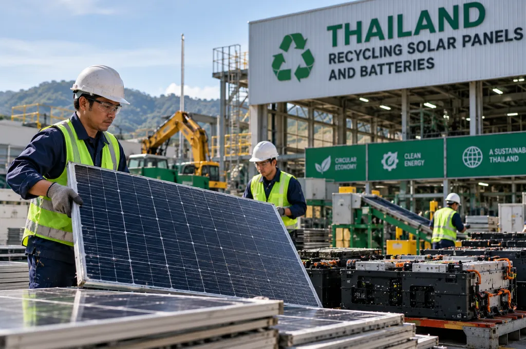 recycling solar panels - Industrial processing facility sorting decommissioned photovoltaic components