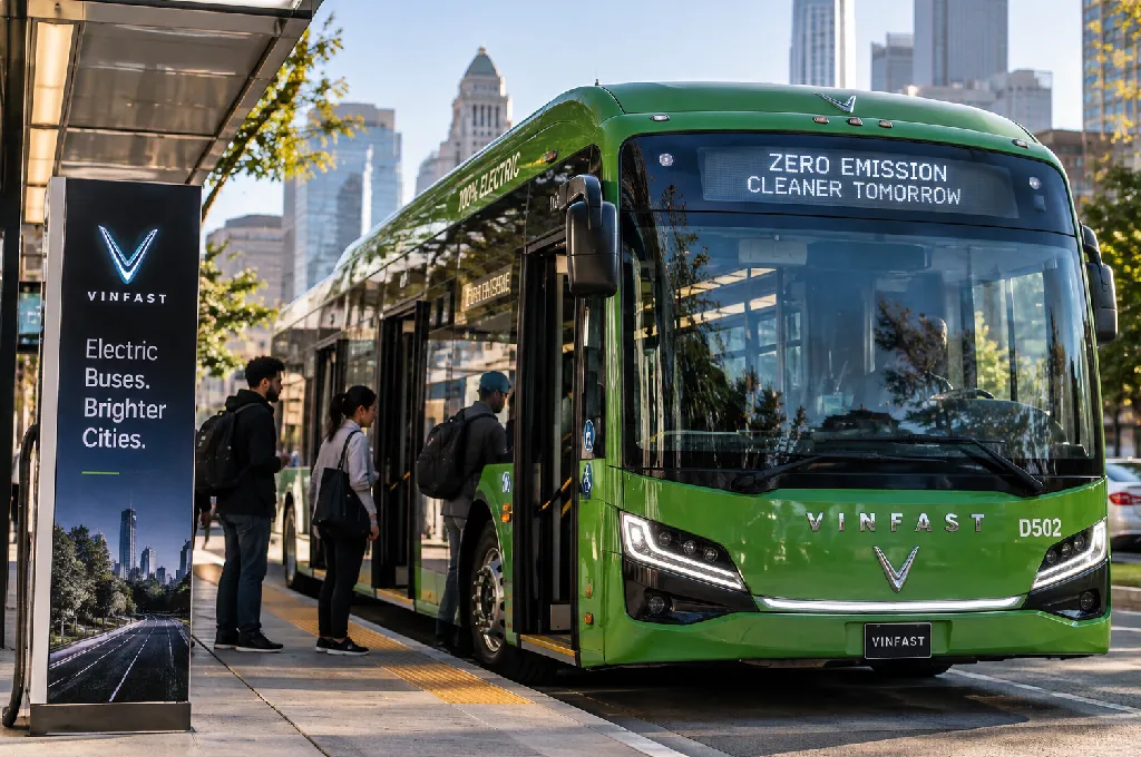 VinFast US electric buses - Modern transit bus at a bus stop