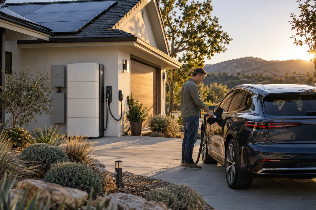 Solar EV Charging - Residential rooftop solar panels with electric vehicle