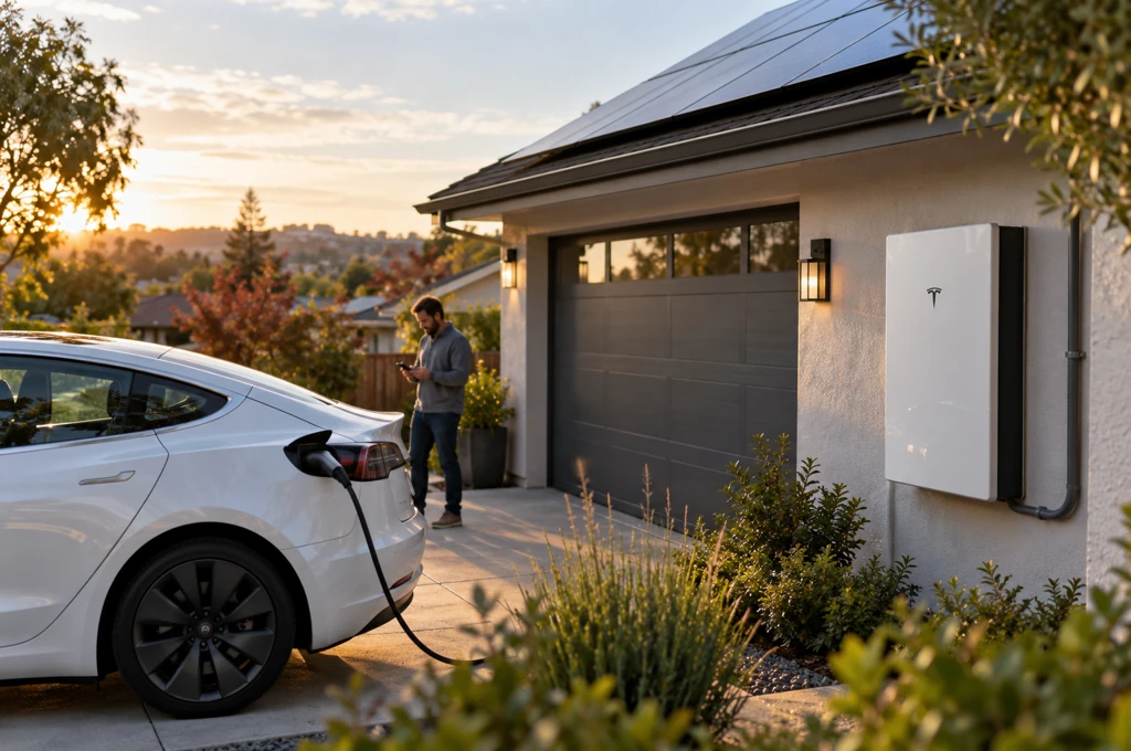 Tesla virtual power plants - Modern residential garage battery storage and electric car charging setup